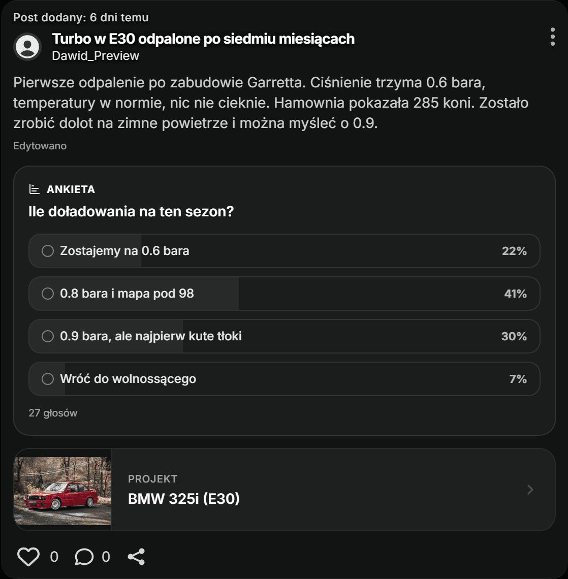 Post z ankietą w aplikacji Automotive Place