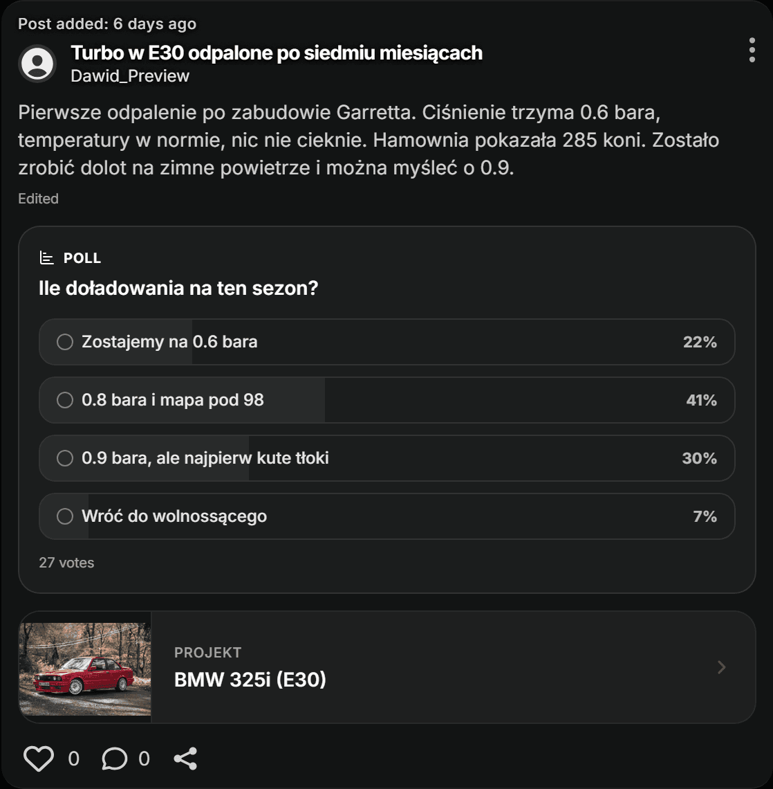 A post with a poll in the Automotive Place app