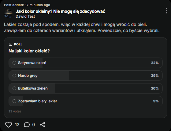 Ein Post mit Umfrage in der Automotive Place App