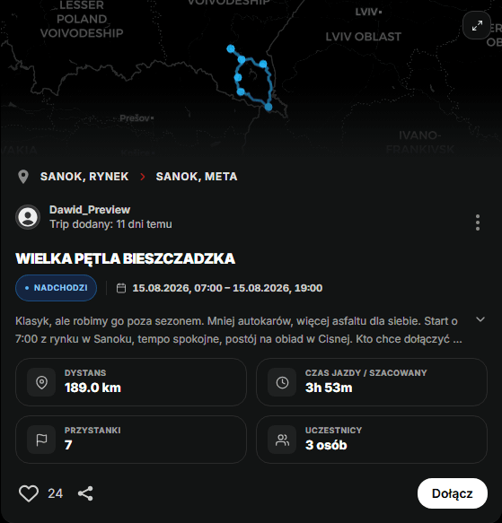 Podgląd tripu w aplikacji Automotive Place
